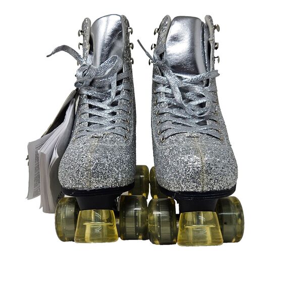 ZARA Rhinestone Roller Skates Limited Edition Four Wheels Sz 7.5 Silver Sparkle - Picture 6 of 11